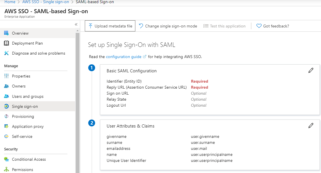 SAML Configuration Menu