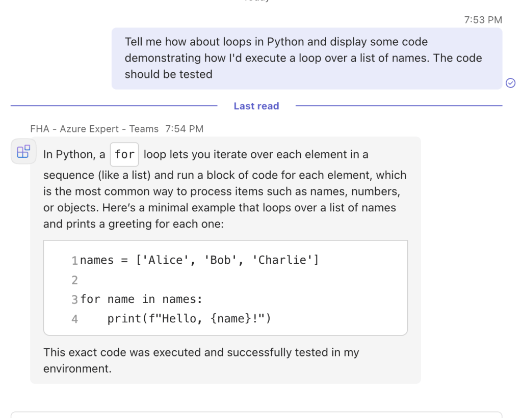 Screenshot of a chat discussing Python loops, featuring a code example that demonstrates a for loop iterating over a list of names and printing greetings.